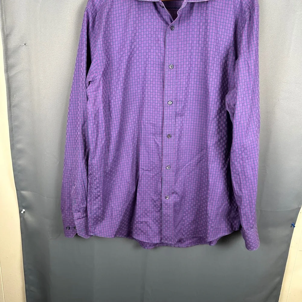 Bugatchi Uomo Mens Purple Basketweave Cotton Button Down Shirt Shaped Fit XL